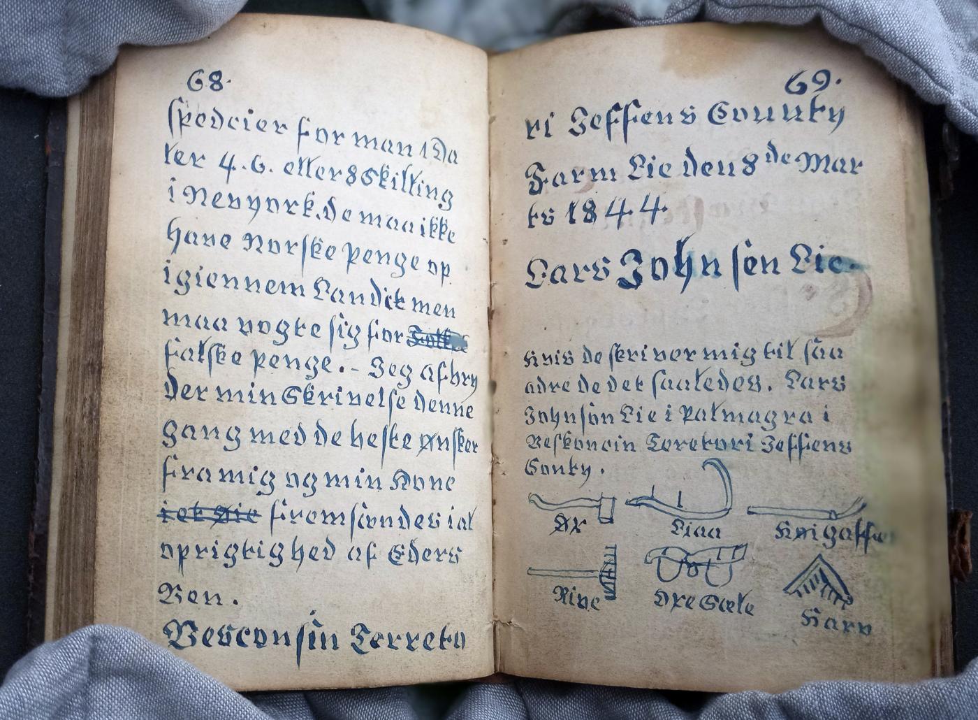 Lars Nesheim tok avskrifter av over 200 amerikabrev. I dette brevet frå 1844 har Lars Johnsen Lie teikna nokre reiskapar, og Nesheim kopierte like godt teikninga òg. (NAHA)