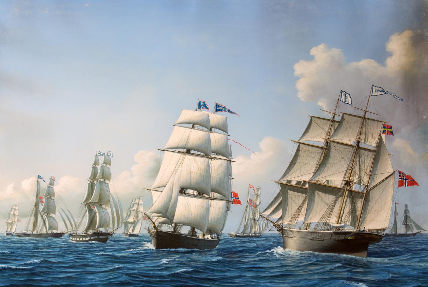 Dei sju emigrantskipa Ørnen, Sleipner, Nordlyset, Vikingen, Fire sønner, Hordaland, Præsident Harbitz og Sophie, måla av Frederik M. Sørvig i 1867. (Bergens Sjøfartsmuseum)