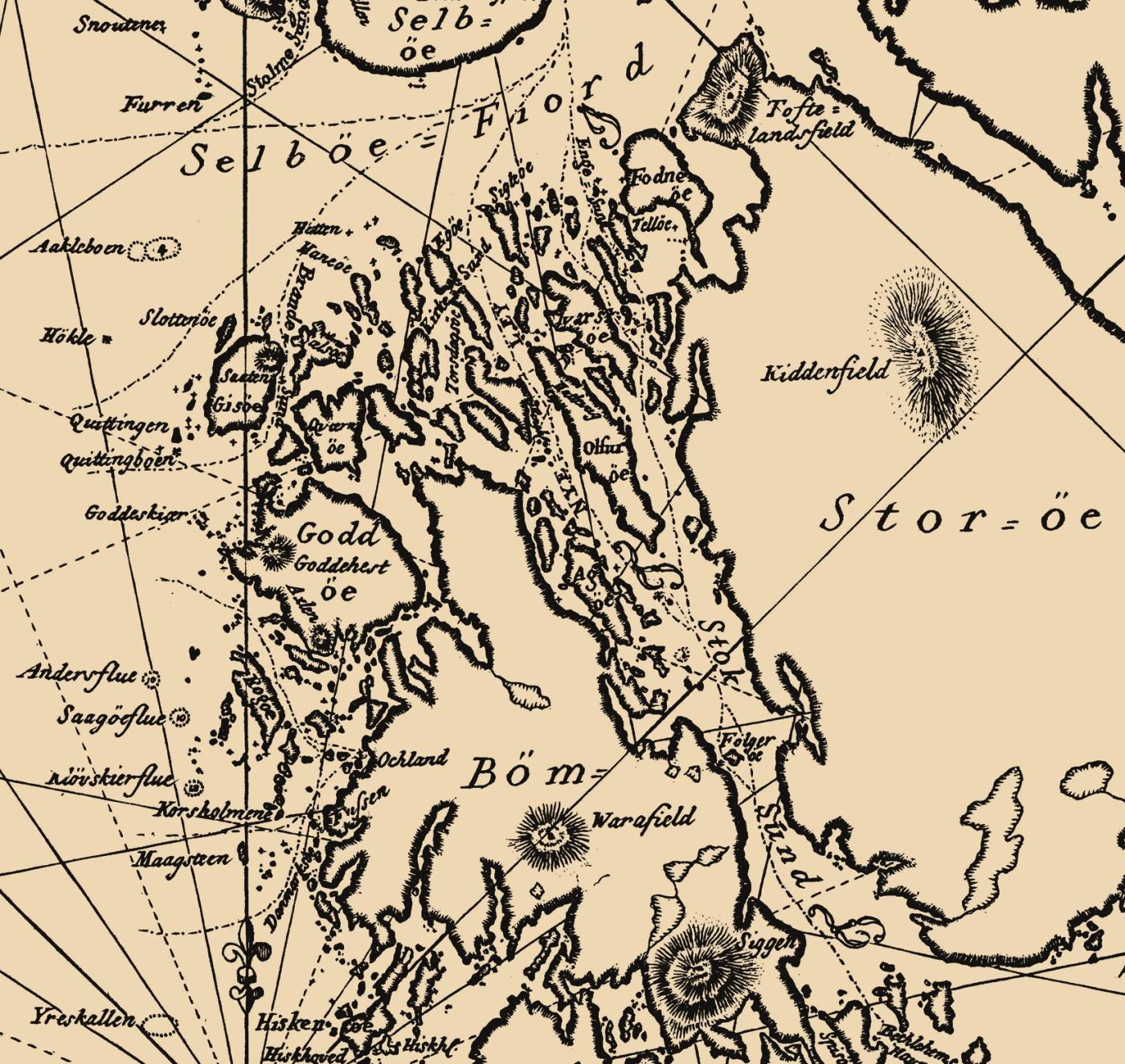 Utsnitt av sjøkart frå det danske sjøkartarkivet frå 1798, teikna av Poul Løvenørn.