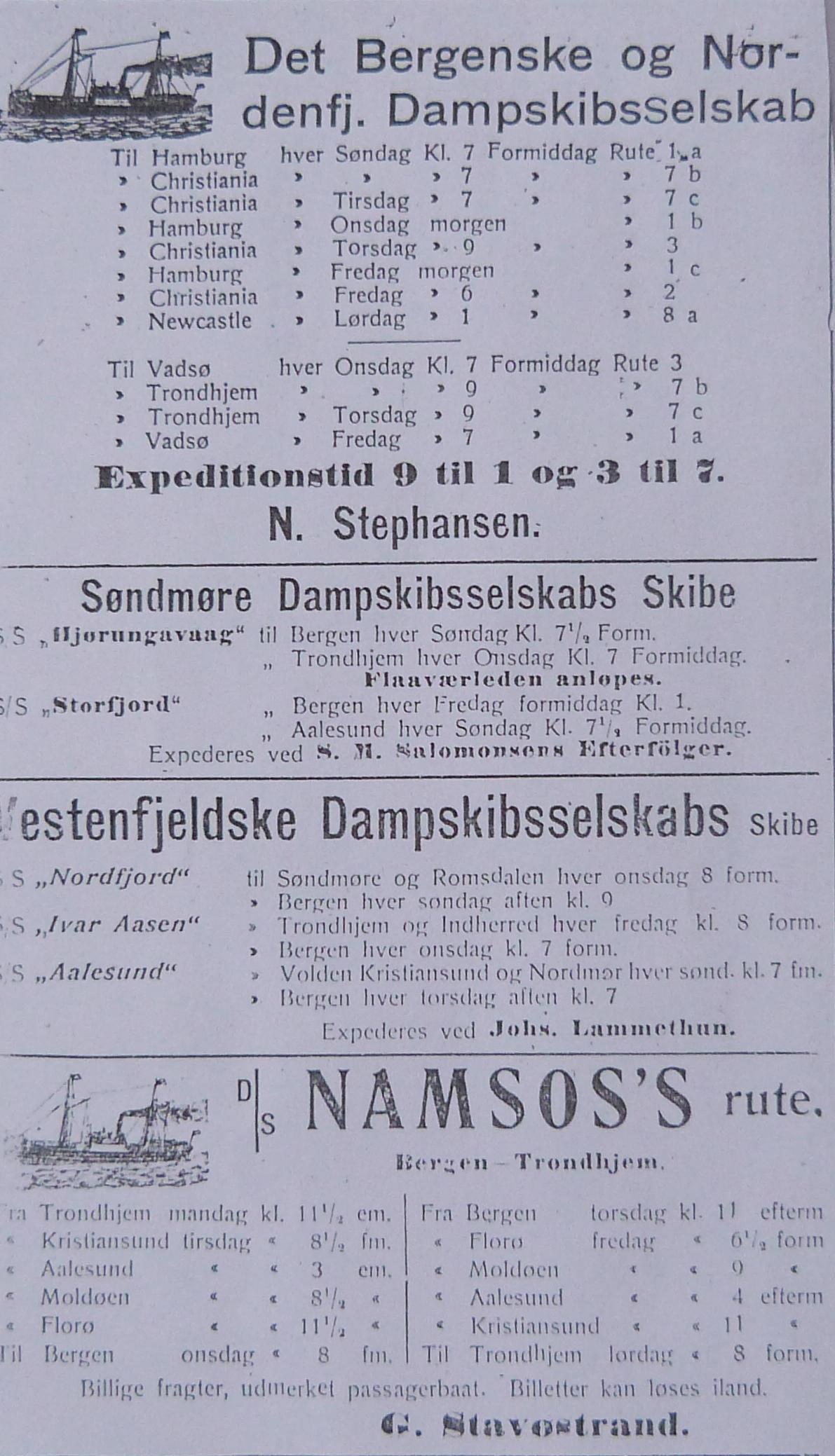 Florø – sjøfartsby 1911, men ikkje stoppestad for Hurtigruta. Annonserte skipsanløp i Florø, 15. juli 1911. Det Bergenske Dampskibsselskab, Det Nordenfjeldske Dampskibsselskab (Trondheim), Søndmøre Dampskibsselskab, Vestenfjeldske Dampskibsselskab og og DS Namsos. Ekspeditørar: N. Stephansen, S.M. Salomonsen Efterfølger, Johs Lammethun og G. Stavøstrand. Kristian Lund Jansen tok til som dampskipsekspeditør i Florø våren 1917.