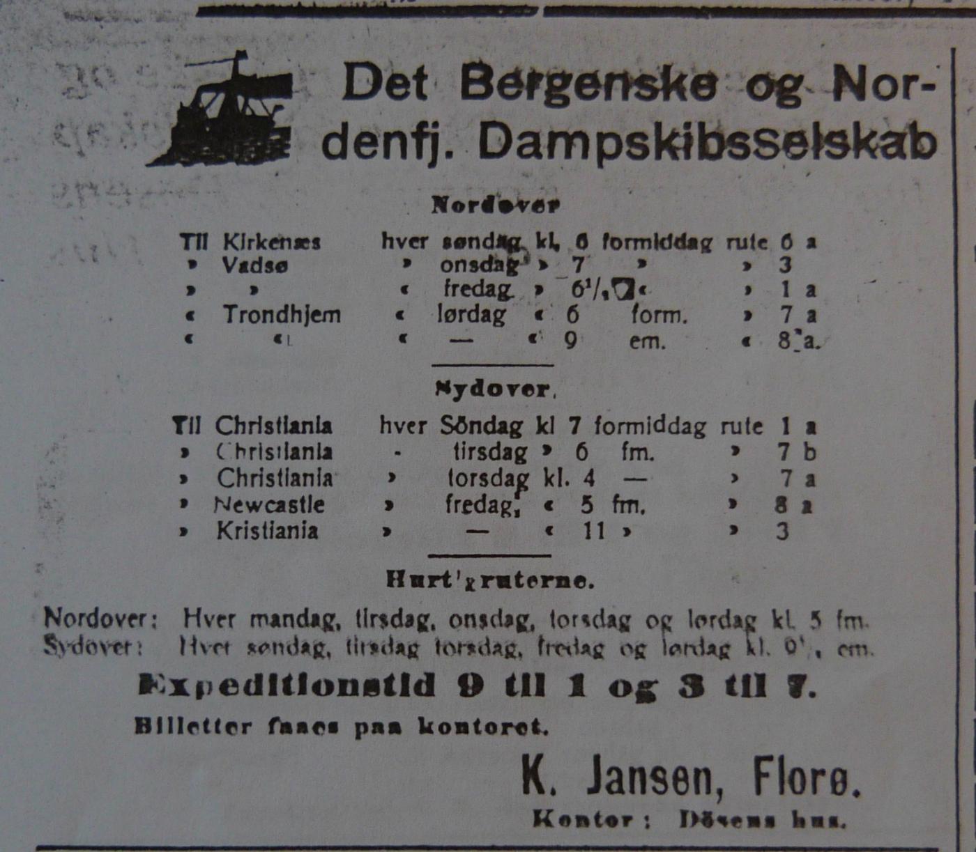 Annonse frå dampskipsekspeditør K. Jansen, 21. mars 1917. «Hurtigruterene» er med.
