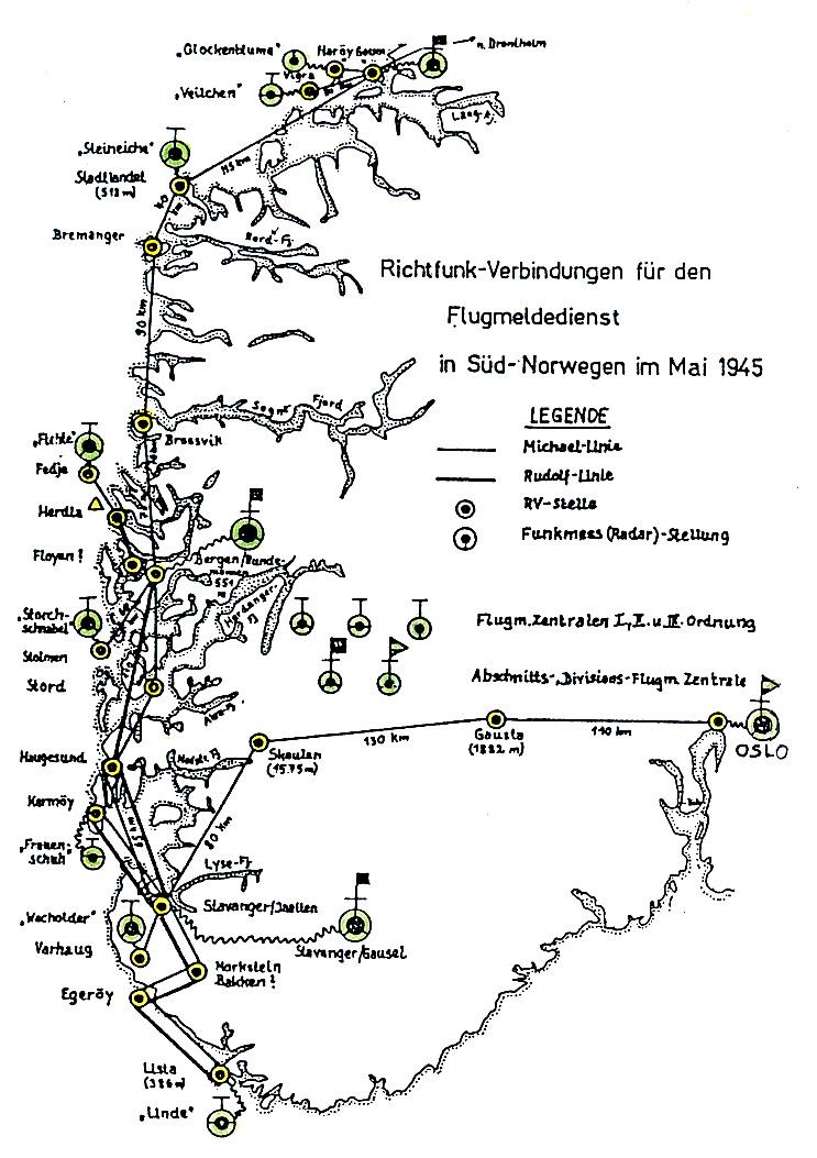 Skisse som viser Luftwaffe bakkenett av radiolinkstasjonar i Sør-Norge. I Sogn og Fjordane var det radiolink på Brosviksåta i Gulen, og på Veten i Bremanger. Frå Stavanger var det samband via Skaulen og Gaustatoppen til hovedsentralen i Oslo. Mai 1945.
