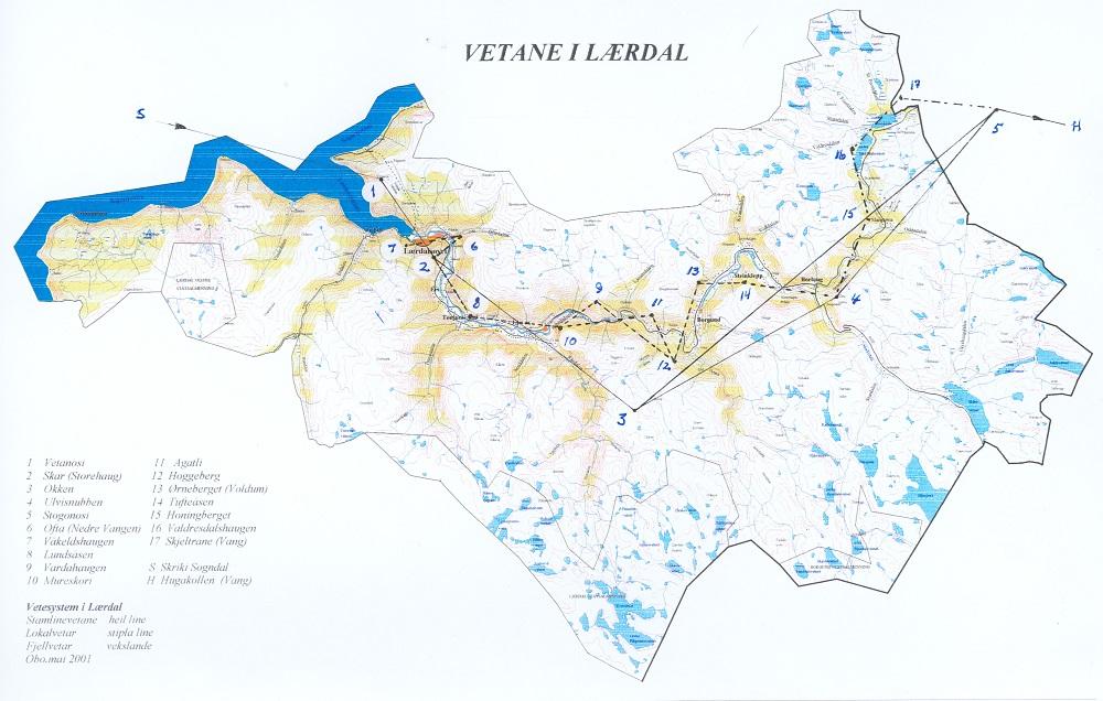 Kartet viser vetane og linene mellom dei. Plassering av ein vete på Okken i 1650 meters høgde, må ha vore for å senda signalet snøgt og sikkert austover mot Valdres.