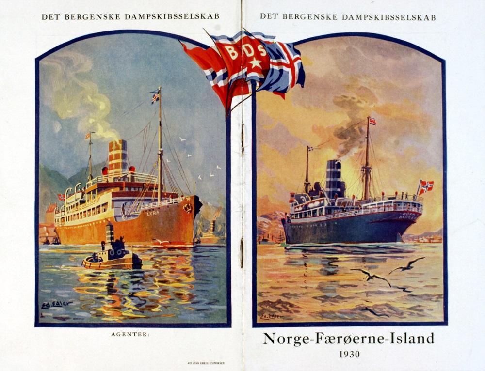 Omslaget på ruteheftet til Bergenske for islandsruta 1930. Bileta viser "Lyra" (venstre) og "Nova".