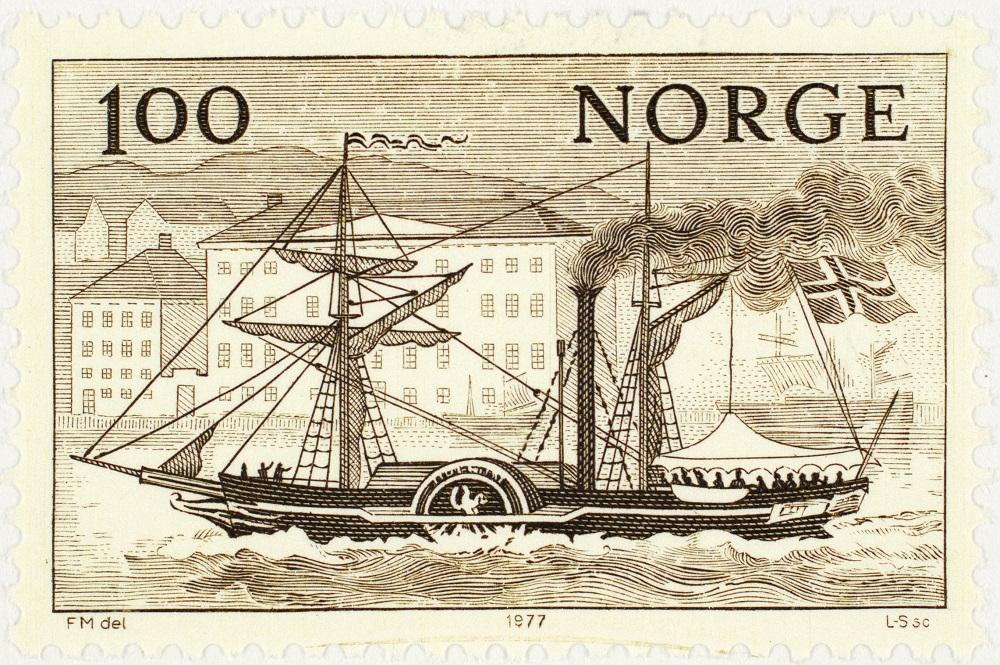 Det første dampskipet i Norge, <i>Constitutionen</i>, på frimerke. I 1827 sette staten inn to dampskip på strekninga Oslo-Kristiansand. Det andre hadde namnet <i>Prinds Carl.</i>