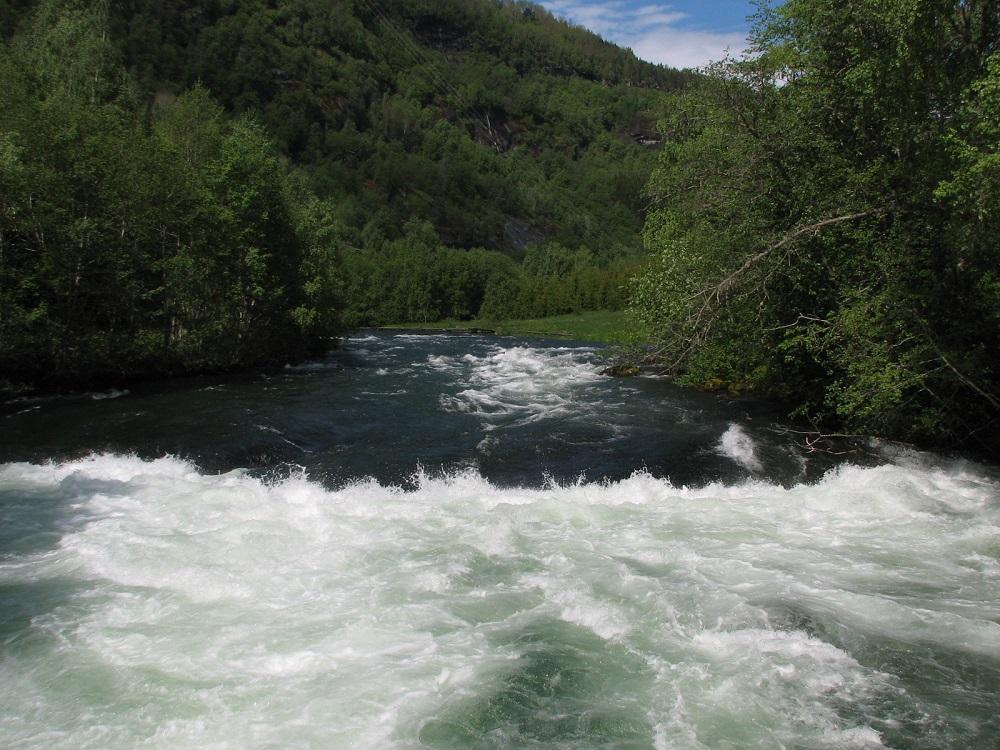 Stor vassføring i Årøyelva sommaren 2007. Biletet er teke frå brua.