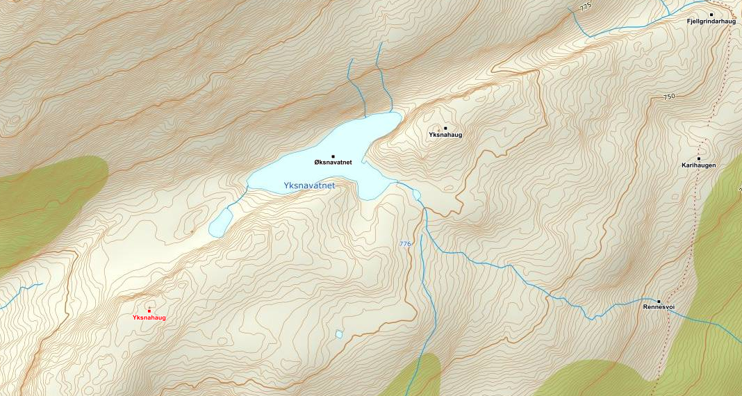 Kartutsnitt av vatnet Øksnavatnet også skrive Yksnavatnet i Leikanger kommune.