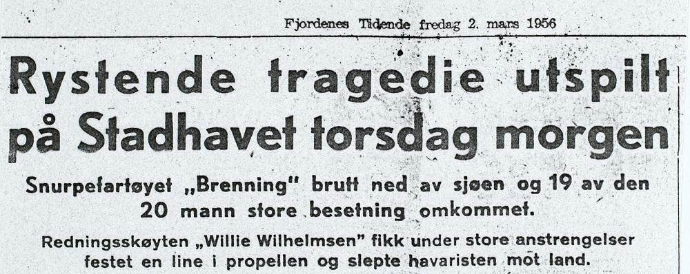 Første meldinga om Brenningforliset 1. mars 1956 i Måløy-avisa <i>Fjordenes Tidend</i>, dagen etter, fredag 2. mars.