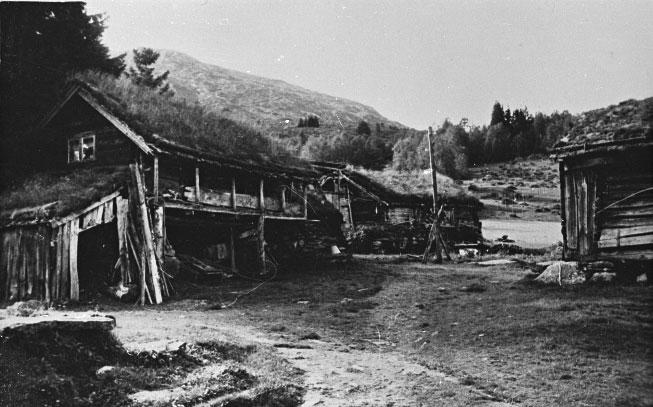 Frå tunet på Garden Stølen i Jølster. Her ser vi fjøset i bakgrunenn og loftet i framgrunnen til venstre. Loftet skriv seg frå tidleg på 1500-talet.
