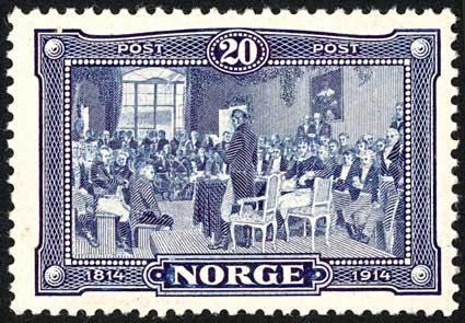 <p>Posten gav ut sitt f&oslash;rste s&aelig;rfrimerke i h&oslash;ve grunnlovsjubileet i 1914. Motivet er Oscar Wergelands bilete &rdquo;Eidsvold 1814&rdquo; som er plassert i plenumssalen i Stortinget. Oscar Wergeland var brorson til eidsvollsmannen Nicolai Wergeland. Dei slekta fr&aring; garden Verkland i Gulen.&nbsp;</p>