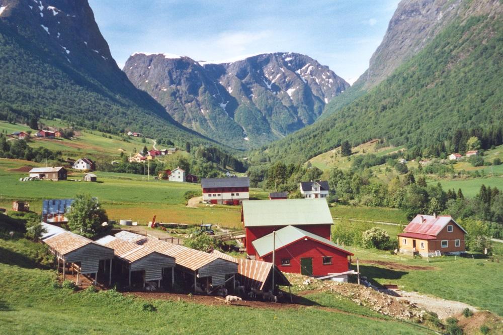 Gardstunet på Fletene sett mot sørvest. Fresvikdalen deler seg i to, Storadalen går i vestleg retning og Tundalen i sørleg retning.
