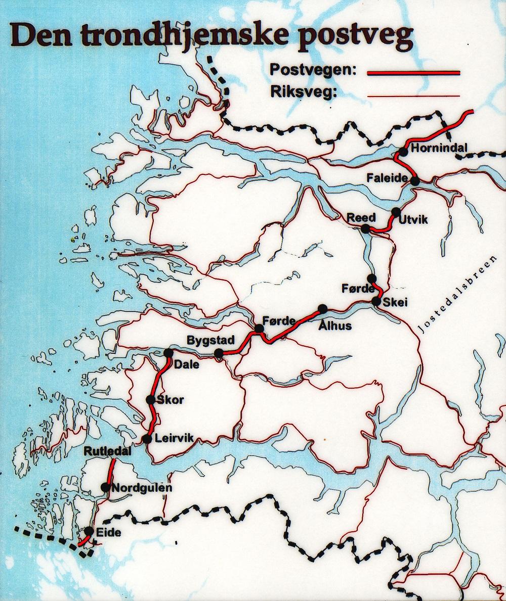 Posten kom med båt over Fensfjorden frå Fannebust på Lindåshalvøya til Postvåg (Halsvika) i Gulen. Frå Postvågen gjekk vegen til Eide, vidare med båt langs Eidsfjorden til Nordgulen, og over land til Rutledalen. Derifrå rodde dei over Sognefjorden til Leirvik. Vegen gjekk vidare til Dale i Sunnfjord, og båt inn Dalsfjorden til Svædene i Bygstad. Vidare gjekk vegen til Langeland, langs vestsida av Langelandsvatnet til Førde og så til Vassenden i Jøster. Derifrå med båt over Jøstravatnet til Skei, vid...