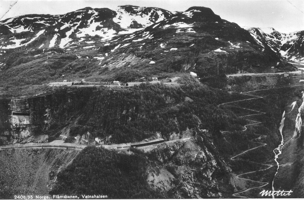 Mellom Myrdal og Kårdal går jernbana i store svingar med mange tunnelar for å unngå rasparti. Her ser vi jernbanelina forbi Vatnahalsen stasjon og ned fjellsida mot Kårdal. Heilt til høgre ser vi transportvegen som vart bygd i 1894-96. Vegen er i dag ein del av Rallarvegen.

 