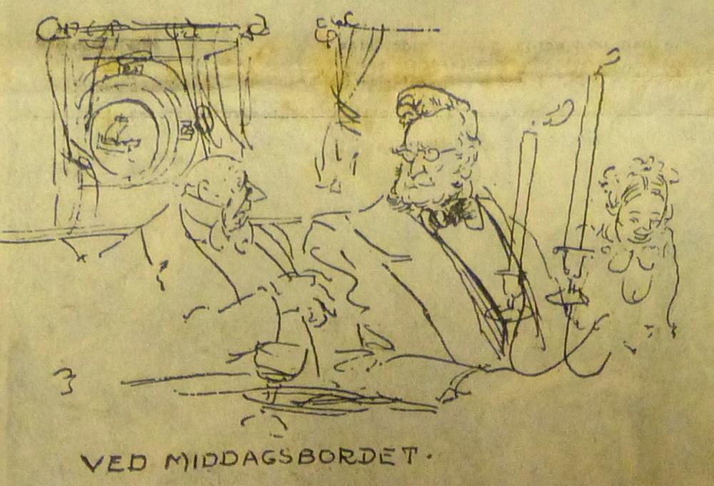 To passasjerar ved middagsbordet om bord i DS «Patriot» i rute Lærdal – Bergen ein julidag 1857: handelsmann D.B. Martens (tv) og amtmann Aubert. Illustrasjon til artikkel i Bergens Tidende 1958. Teiknaren har tydeleg hatt for hand eit kjent portrett av Aubert.