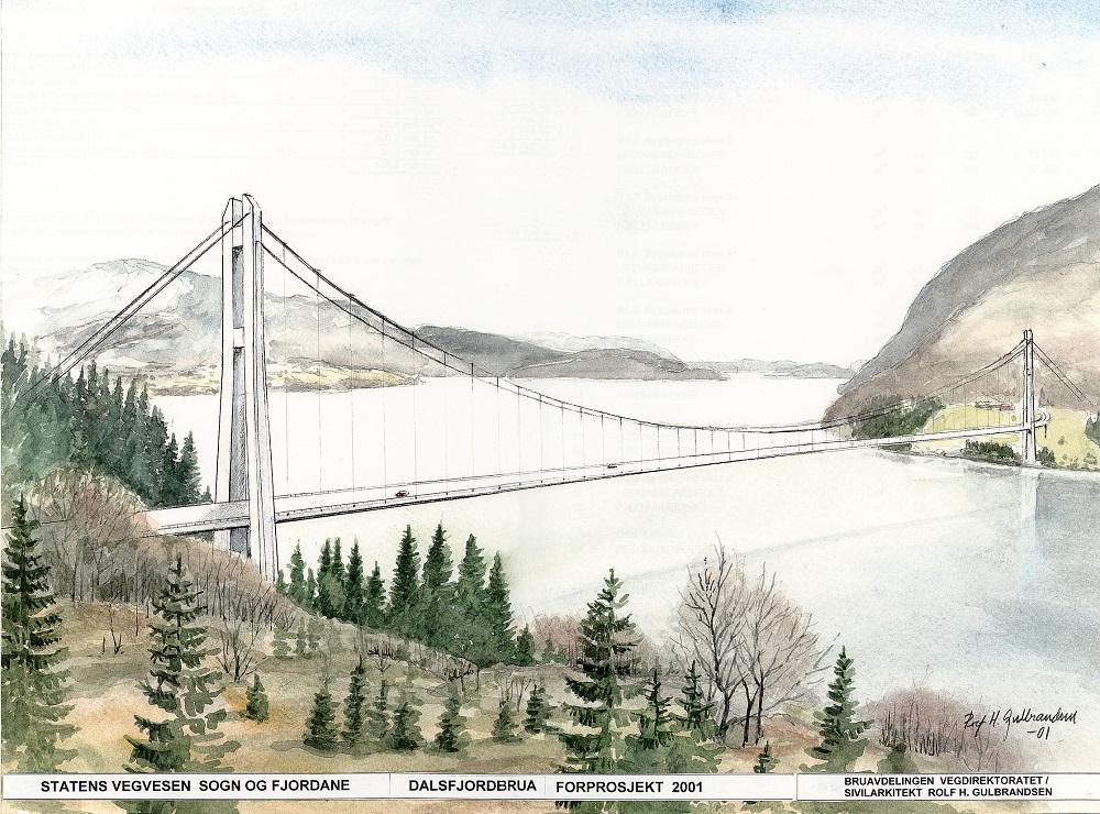 Her ser vi korleis Dalsfjordbrua er prosjektert i høve til landskapet. Brua er tenkt utført som hengebru med eit hovudspenn på 490 m og ei seglingshøgd på 42 m. Med viaduktane blir brua 680 m. Det vil og bli gang og sykkelveg. Kostnadene med brua var i 2001 rekna til 350 mill. Bruprosjektet er utarbeidd av Vegdirektoratet.

