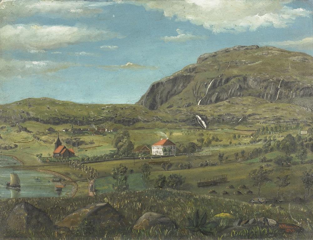 «Askevold prestegård, 1849» måla av Anders Askevold. Askvoll kyrkje var vallokale tre gonger i 1814: På den særskilde bededagen 18. mars, ved valet av valmenn til omframt storting 9. september og ved valet av valmenn til det første ordinære stortinget 30. desember. 