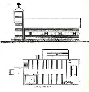 Lavik gamle kyrkje. Teikna av Mons A. Ringereide etter minnet til Nils J. Ringereide. Bygdebok for Kyrkjebø og Lavik. Bind 3.