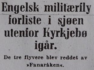 <p>H&oslash;yanger Avis, laurdag 2. september 1939: Overskrift p&aring; nyhendesak om britisk krigsfly ved Kyrkjeb&oslash;.</p>