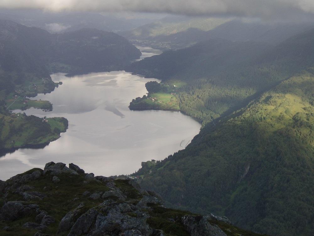 Indre del av Dalsfjorden sett mot aust. Standnes ligg på nordsida av fjorden (fremst til venstre). Ferjene gjekk lenge mellom Dale, Eikenes og Standnes. I 1991 gjekk Standnes ut som ferjestopp.  