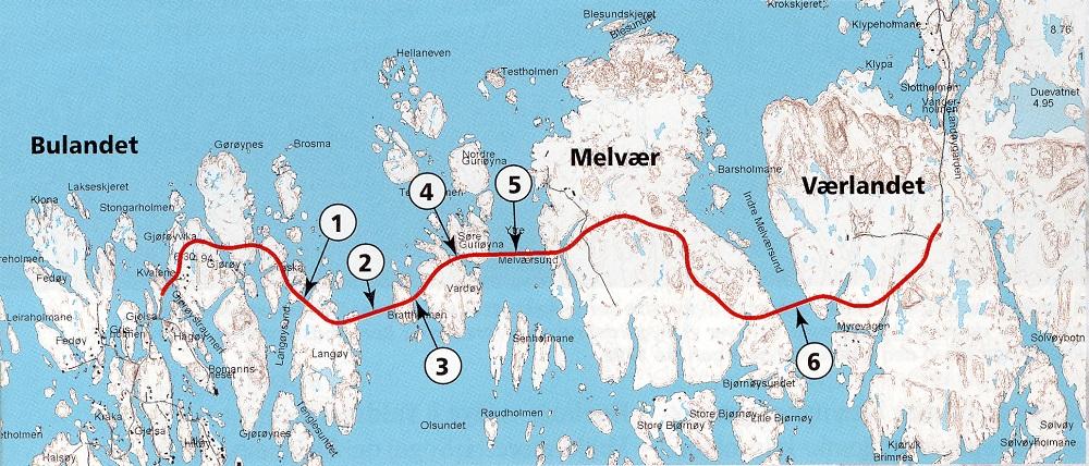 Værlandet-Bulandet med sine seks bruer: 1) bru over Langøysundet, 2) bru ove Olsundet, 3) bru over Brattholmsundet, 4) bru over Åsgarden, 5) bru over Ytre Melværsund som knyter Bulandet til Værlandet, og 6) bru over Indre Melværsund.