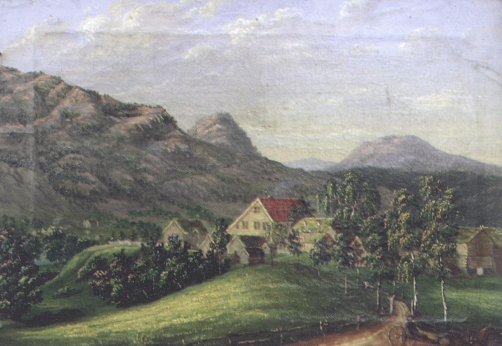 Dette måleriet frå 1841 viser at ein allé førte fram til det staselege prestegardstunet i Førde på presten Søren Friis si tid. Hovudhuset vart rive i 1924. Målaren er ukjend.