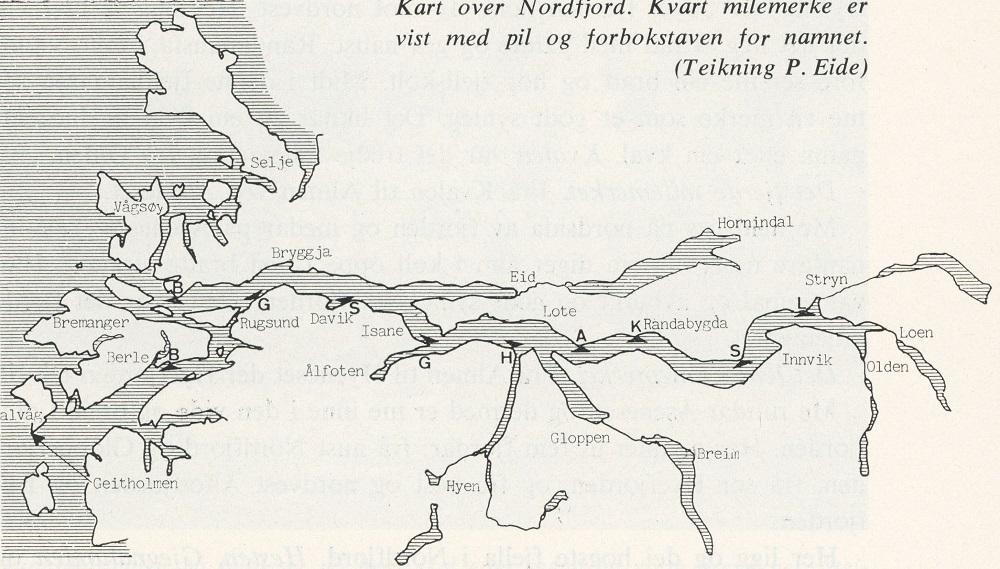 Kart som viser milemerke i Nordfjord. Merket lengst inne i fjorden var Lundehella på Lunde, på kartet merka med L.