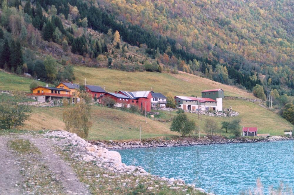 Gardstunet på Hogrenning sett frå nordvest. Husa på dei to bruka på garden ligg tett attmed kvarandre. Jens Hogrenning sitt bruk ligg lengst unna. Minnesteinen står bak det kvite våningshuset.
