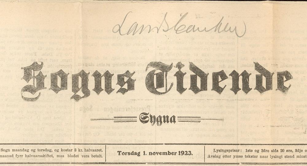 "Sogns Tidende" 1. november 1923. Tittelen vart seinare endra til "Sogns Tidend".