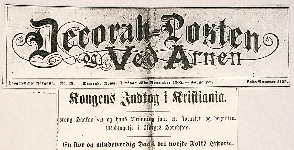 Oppslag i Decorah-Posten 28. november 1905. Den nye norske kongen fekk stor merksemd. 