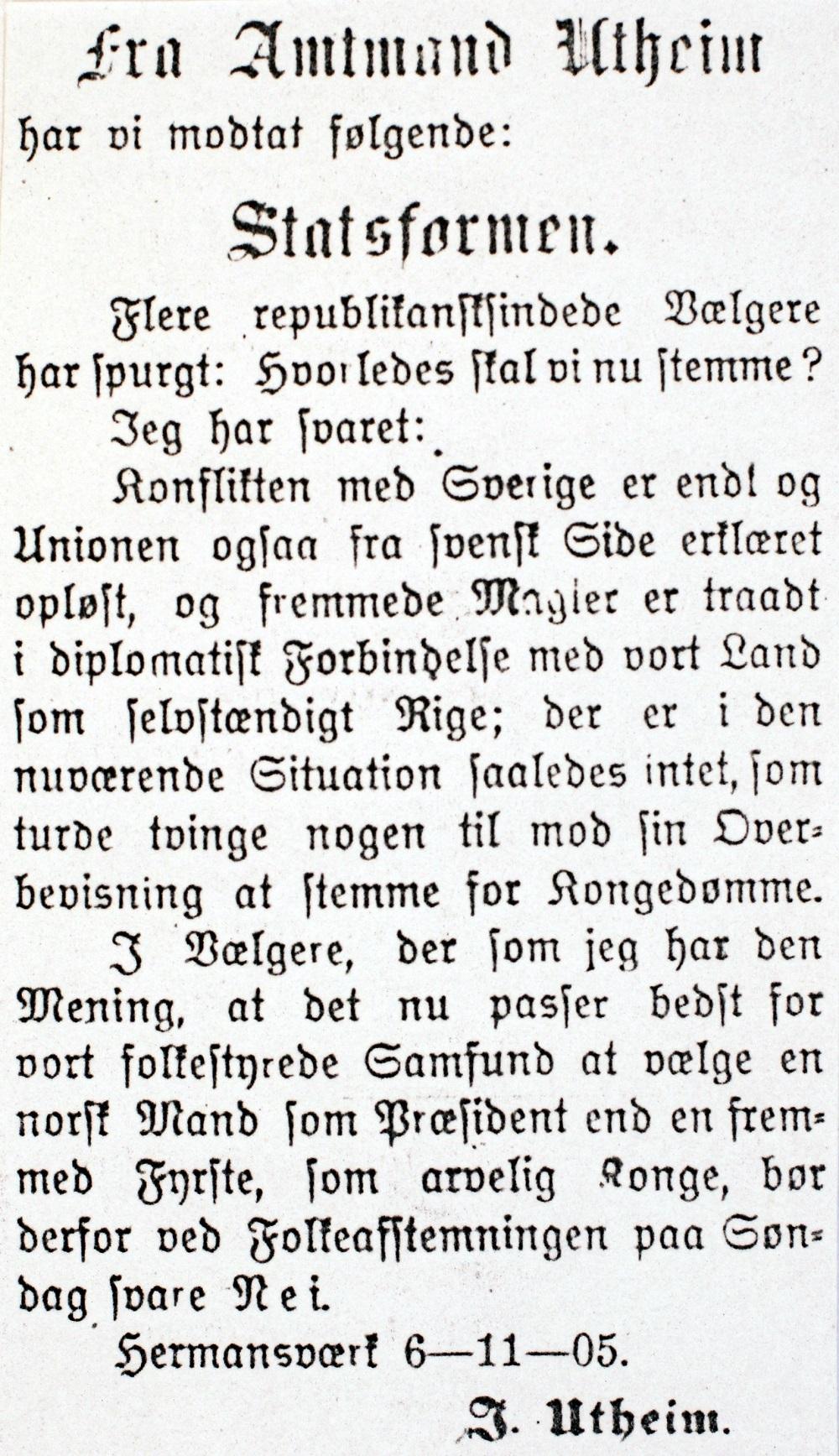 Uttalen frå amtmann Utheim om statsforma. (Søndfjords Avis, Florø, 08.11.1905.)