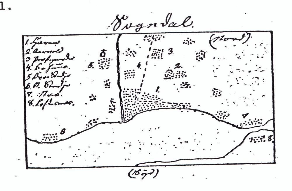 Denne kartskissa laga Ivar Aasen då han budde i Sogndalsfjøra i 4 månader vinteren 1842-43. Det eigentlege Fjøra er husklyngja som har nummer 1 på teikninga.