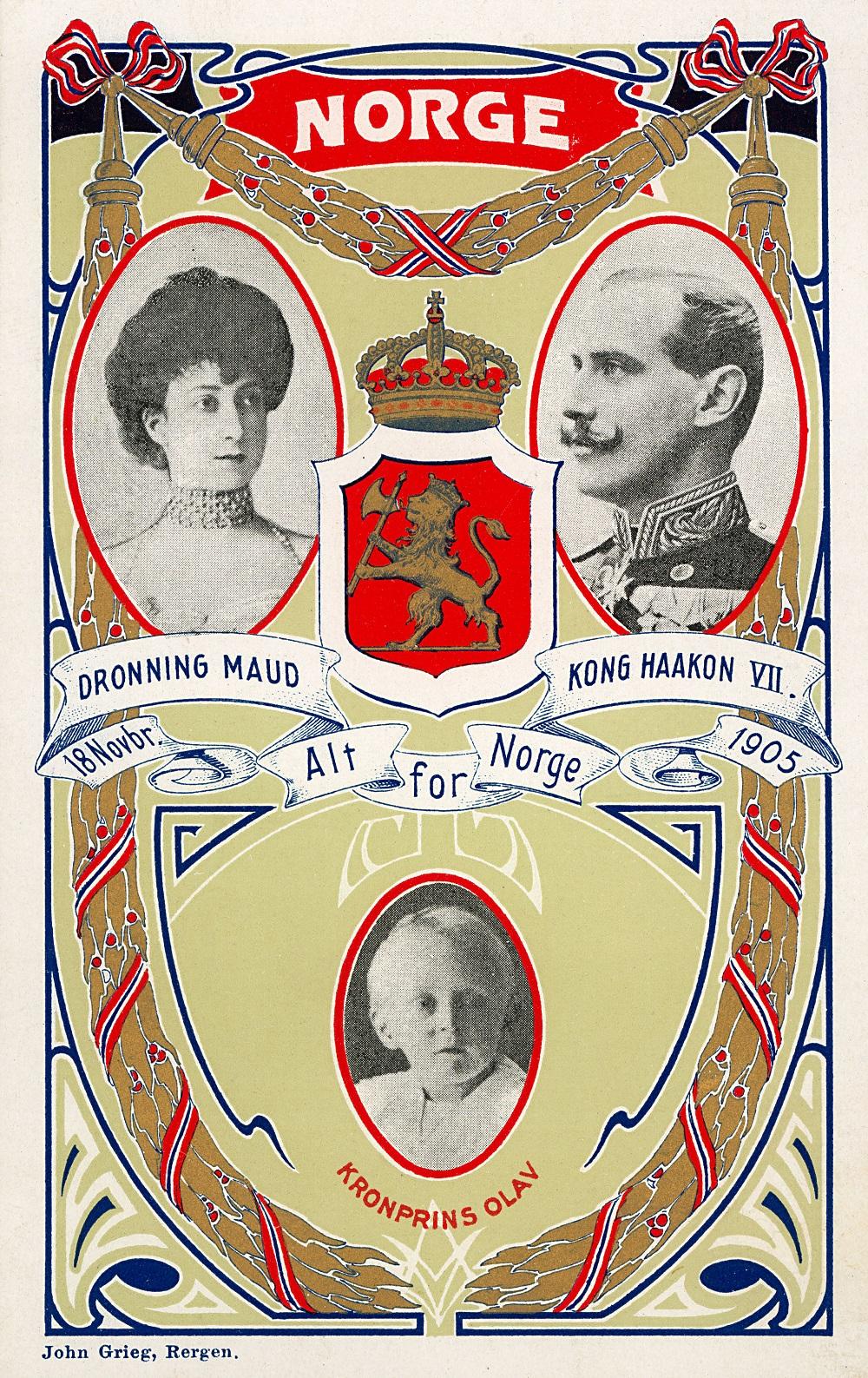 I 1905 og 1906 vart det laga mange postkort med motiv frå dei store hendingane knytta til unionsoppløysinga. Dette viser den nye kongefamilien med datoen 18. november 1905 (då Stortinget valde prins Carl av Danmark til Norges konge) og valspråket 'Alt for Norge'.

