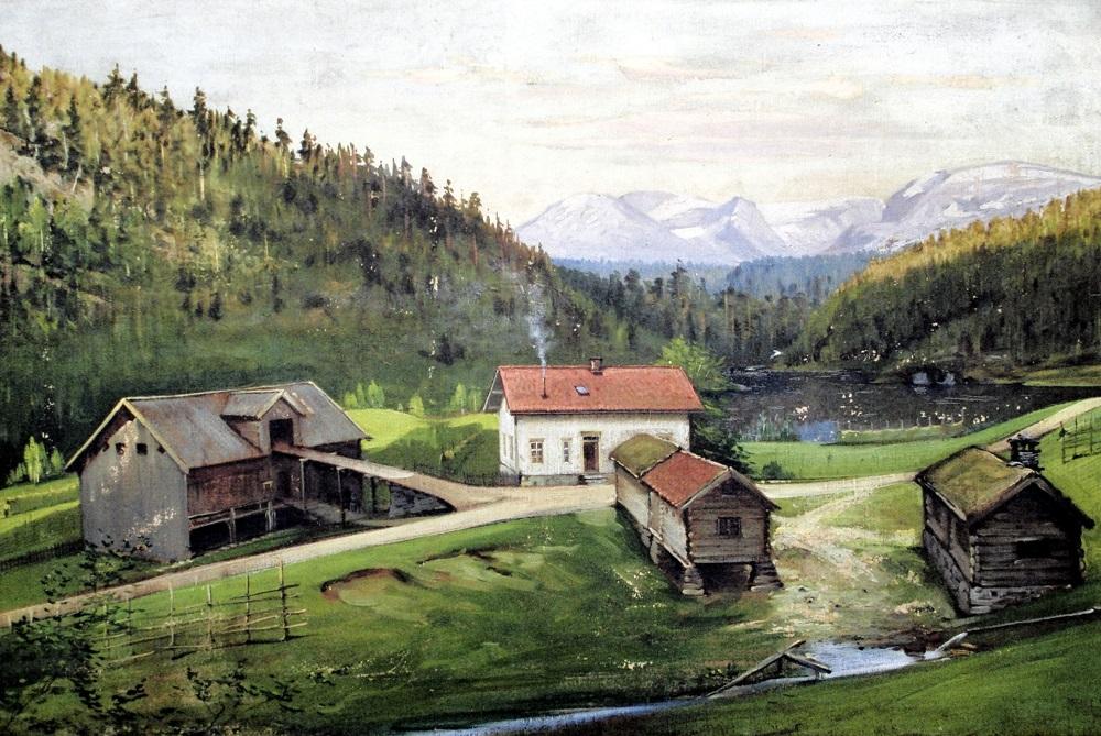 Sindretunet sett mot aust, måla av Eilert Mehl sommaren 1900. Sindre ligg i Markane mellom Hornindal og Faleide/Stryn på nordsida av Nordfjord. Hovudvegen Den Trondhjemske Postvei gjekk gjennom tunet på Sindre. Det kongelege fylgjet kom nordfrå (frå venstre på biletet).