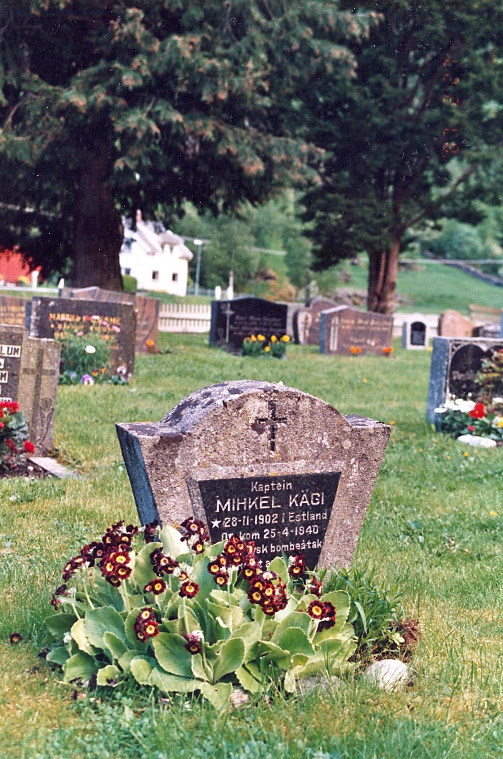 Den utanlandske krigsgrava på kyrkjegarden i Flåm. Den estiske kapteinen Mihkel Kägi omkom 25. april 1940. Han vart gravlagd 26. april. Flåm Ungdomslag reiste minnesteinen og steller grava.