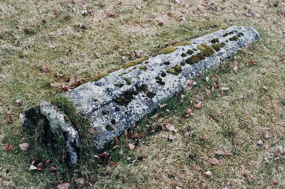 Gravminne frå mellomalderen på kyrkjegarden ved Fet kyrkje. Det er i ferd med å gro over av gras, mose og lav.