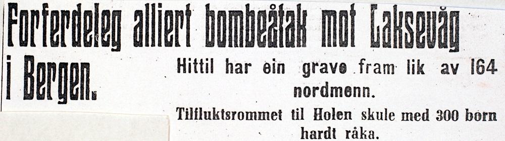 Stort oppslag i avisa Firda (07.10.1944) om det allierte bombeåtaket mot Laksevåg 4. oktober.

