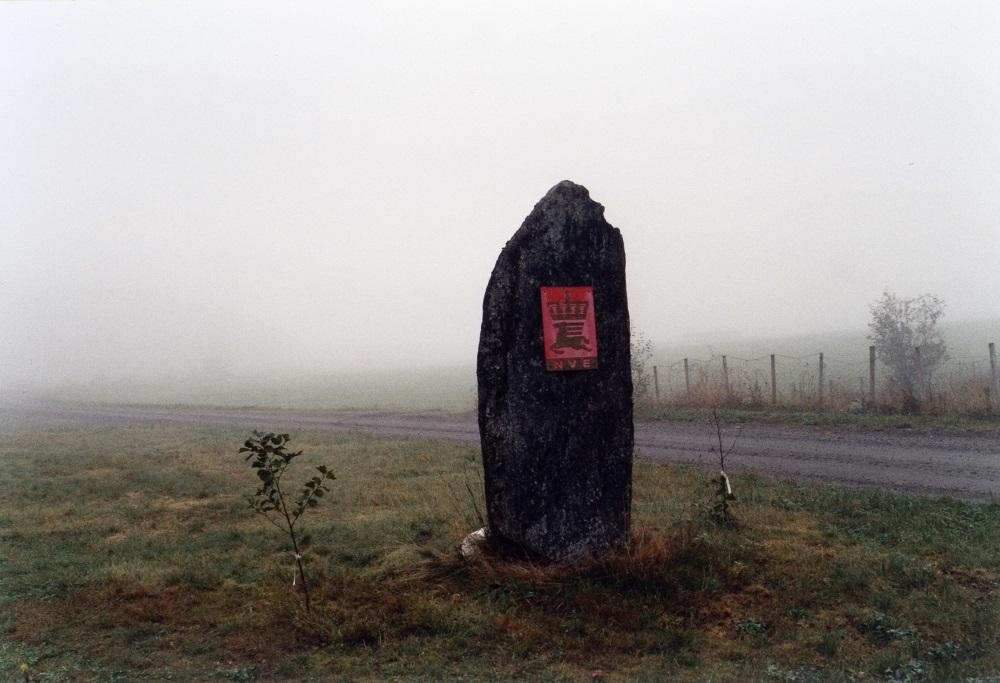 NVE-steinen i Førde 2001. Steinen står heilt nede i grenda, på vestsida av vegen som vart bygd i åra 1987-1989. På kvar side av steinen står eit tusenårtre, planta år 2000.