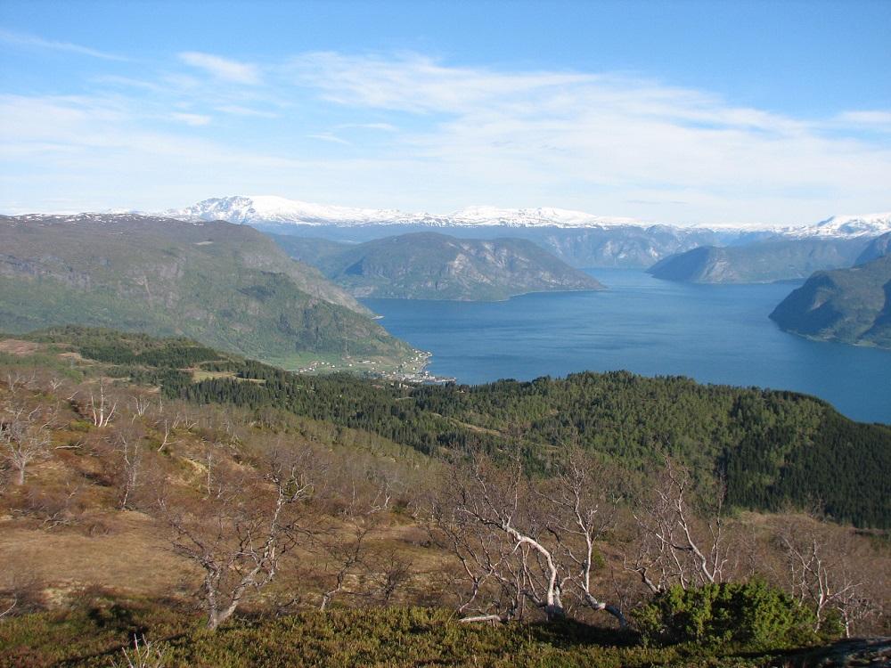 Utsyn frå Smørkletten mot aust-sør-aust. Me ser indre del av Hermansverk og innløpet til Sogndalsfjorden. Til høgre Ramnaberget der to fjordspenn går ut, bukta inn til Fresvik og Fresvikåsen. Lengst inne går Aurlandsfjorden sørover (til høgre) og Sognefjorden  vidare innover i landet i aust-nord-austleg retning (til venstre i biletet.) Det snøkledde fjellet i bakgrunnen til venstre i biletet, er Blegja i Lærdal kommune.