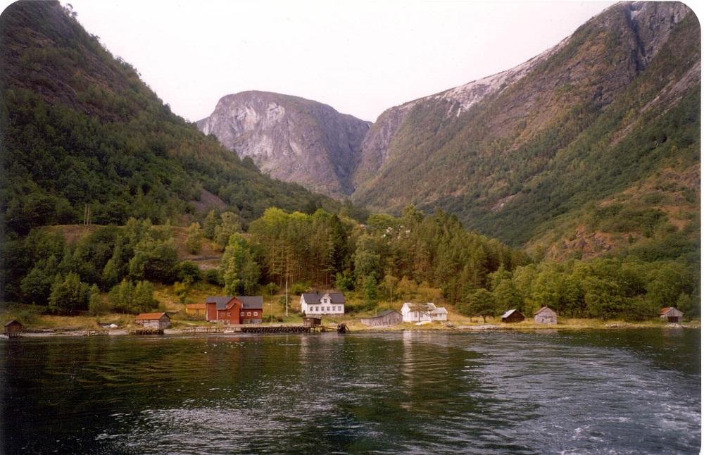 Det eine gardsbruket i Dyrdal ligg nede ved sjøen, dei andre ligg på ei flate noko høgare oppe. Midt på biletet ligg kaien, og det kvite huset til høgre er skulehuset. 

 