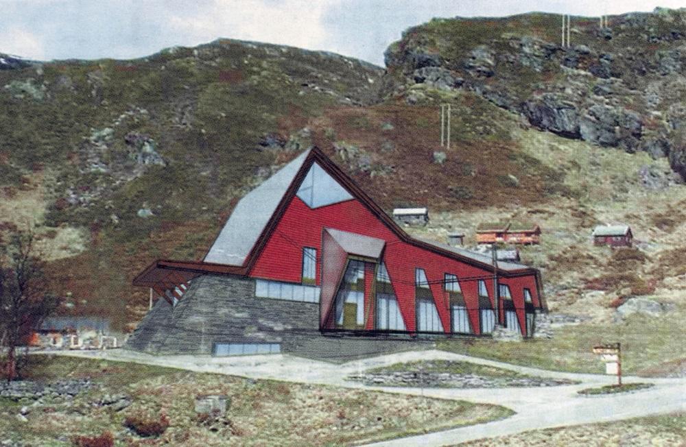 Turtagrø Hotell brann ned til grunnen natt til 24. januar 2001. Det nye Turtagrø Hotell på 884 m o.h. vart bygd 2001/2002 på same staden som det tradisjonsrike hotellet bygd i 1888 av Ole J. Berge. Dette biletet stod i Firda 3. august 2001. Ei teikning av det planlagde nye hotellet er plassert inn i biletet.