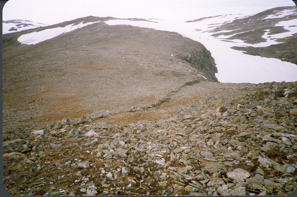 Fotoet gjev eit godt inntrykk av den over 100 m lange steinmuren på Handadalseggi. Dyra vart truleg drivne mot stupet.