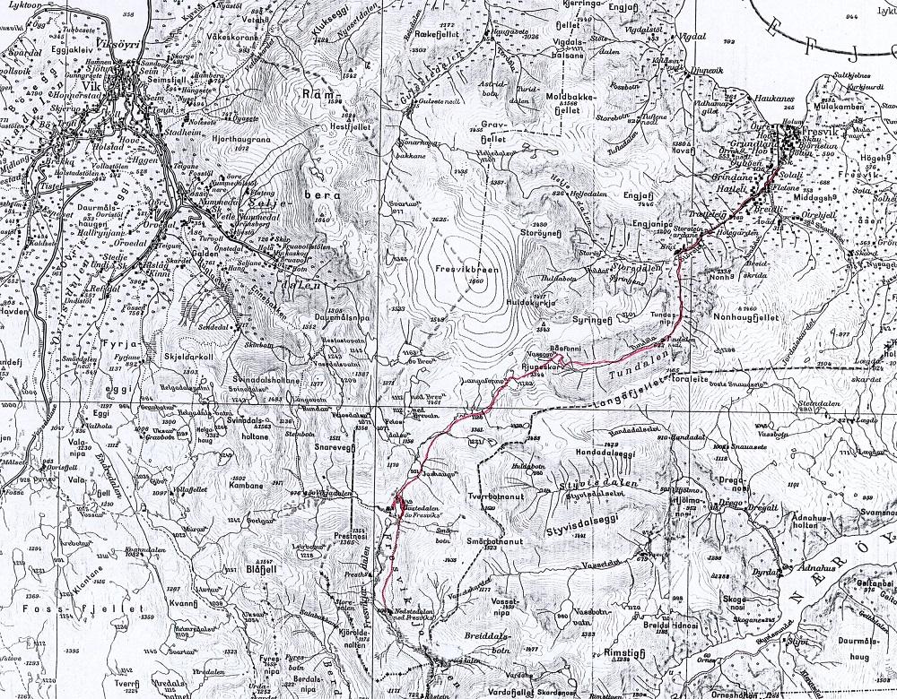 Kart som viser ruta for vegen frå Fresvik til Jordalen.