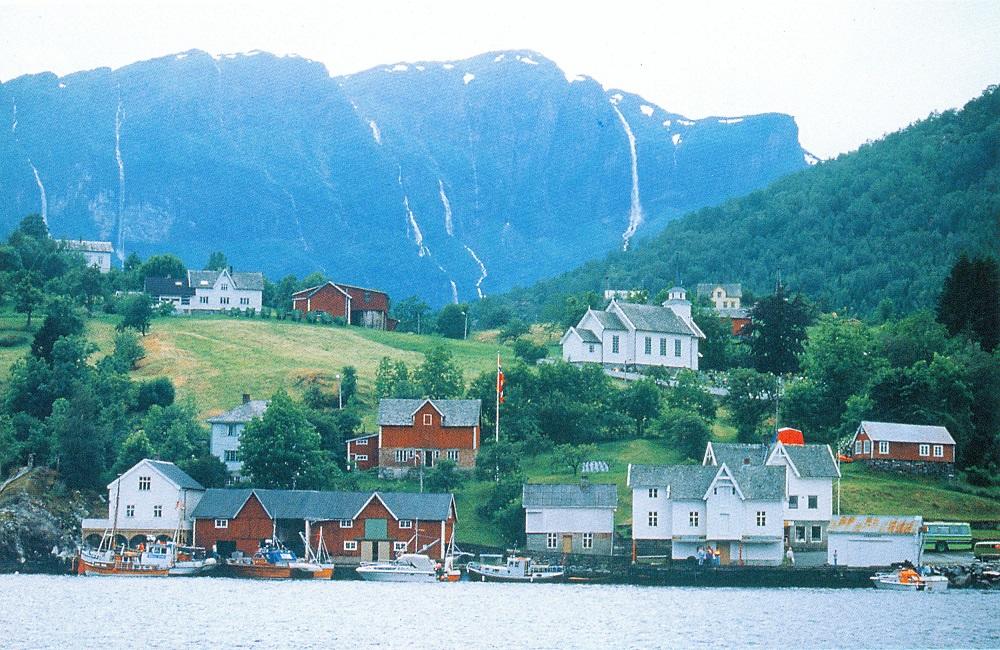 Nese ca. 1985. Bygningane nærast fjorden er frå venstre smia som er restaurert til utleige, saga, bakeriet, Storbui, krambua og pakkbua til Markus Nese. Ovanfor ligg stova og fjøsen. Til høgre bustadhus i Bakken. Øvst til venstre gamleskulen på Nese, nedanfor den Skuongen og til høgre Haugen.