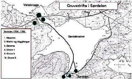 Kartet syner området rundt Sørdalsvatnet der det har vore gruvedrift i tre ulike periodar. Først frå 1759 til 1780, så frå 1864 til 1886 og sist frå 1907 til 1909. I tillegg nytta tyskarane noko av malmen under andre verdskrigen.