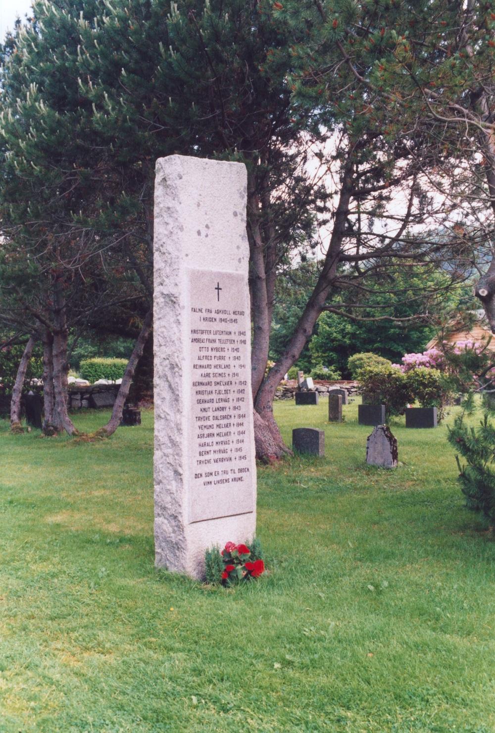 Minnesteinen over falne i krigen 1940-1945 ved Askvoll kyrkje, avduka 17. mai 1956. Det var ti år etter at arbeidet med å reisa eit minnesmerke vart teke opp. I 1947 melde bladet Firda at det var vedteke å reisa steinen i hagen framfor kommunehuset og at ein skulle nytta ein naturstein funnen i Askvoll. Men så gjekk tida, utan at det kom opp noko minnesmerke. I 1955 etterlyste signaturen S. Klokkernes minnesteinen med særleg adresse til kommunen ved ordføraren. ".. dette er en æressak for kommunen, ...