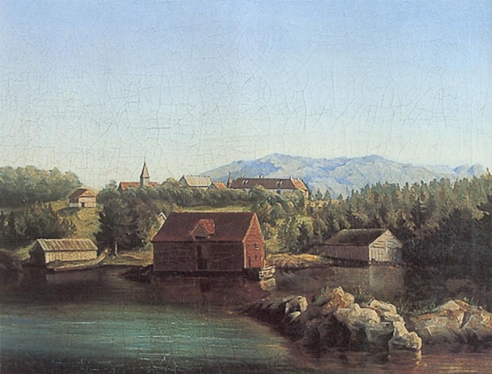 På dette måleriet frå 1850-åra ser vi kyrkja på Svanøy oppe på haugen, like ved Svanøy Hovudgard. Det var ei krosskyrkje, bygd kring 1650. Kyrkja stod midt på flata der kyrkjegarden enno ligg.