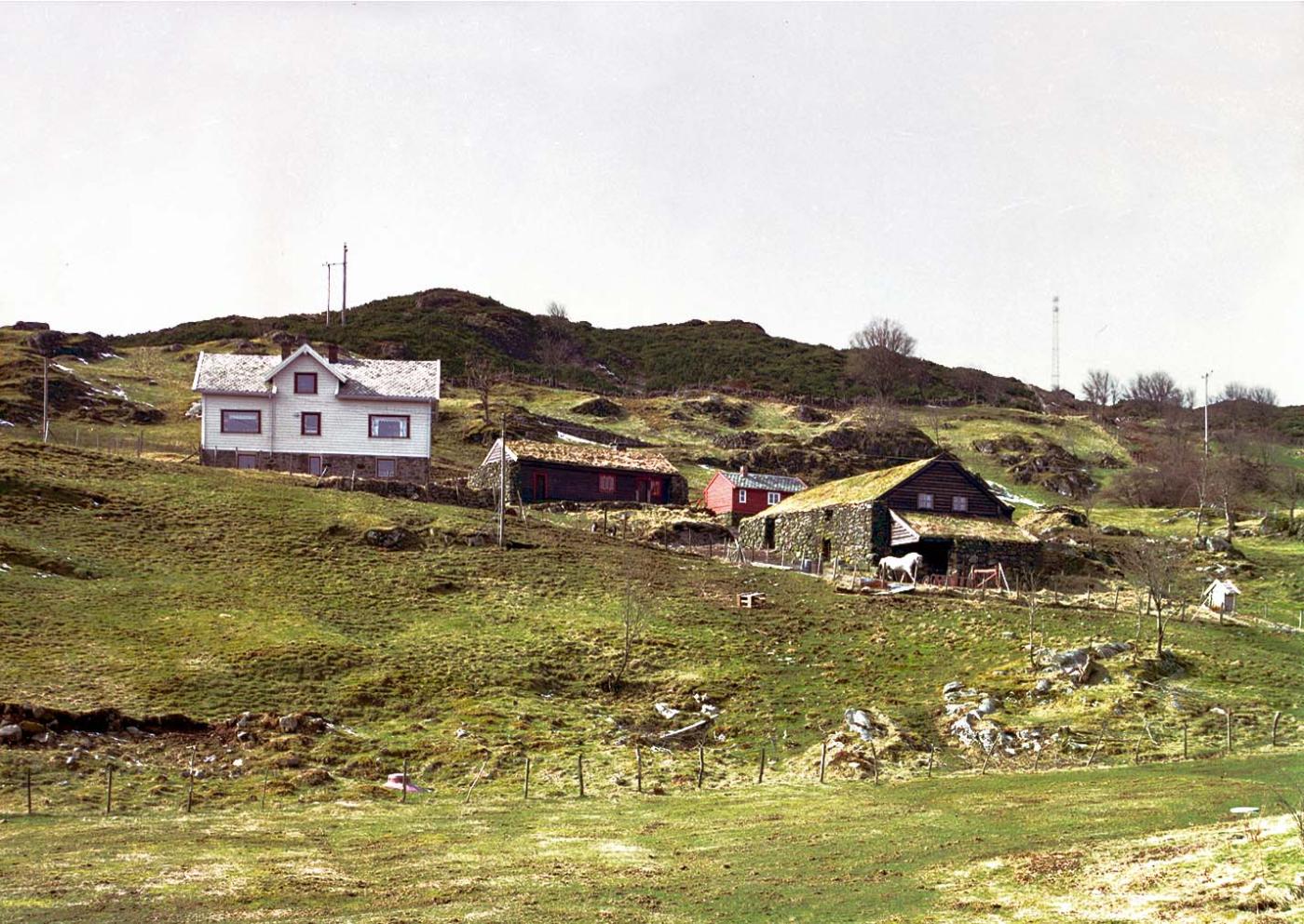 Gardstunet på Øvre Tveiten med stovehuset midt i biletet og den steinbygde løa til høgre. 