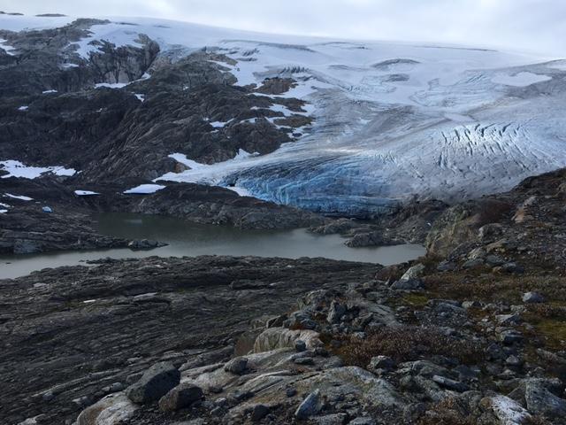 Sauabreen med ein nyleg tappa bredemd sjø. Hausten 2016 trekte brefronten seg så langt tilbake at innsjøen vart senka med omlag 10 meter. Heile innsjøen vil truleg snart vere historie.