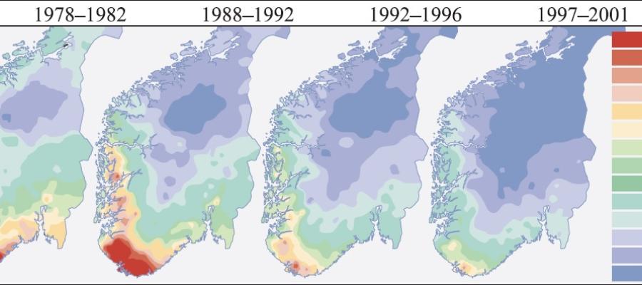 Kart over svovelnedfall over Sør-Norge i fire perioder fra 1978 til 2001