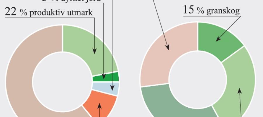 Arealfordeling totalt og arealfordeling for produktiv utmark, Hordaland fylke